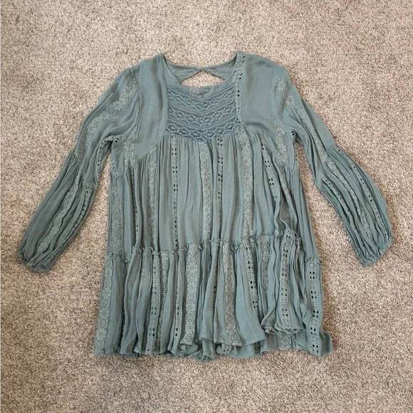 Free People Seafoam Green Embroidered Boho Tunic Dress Open Back Size SP - Picture 11 of 11